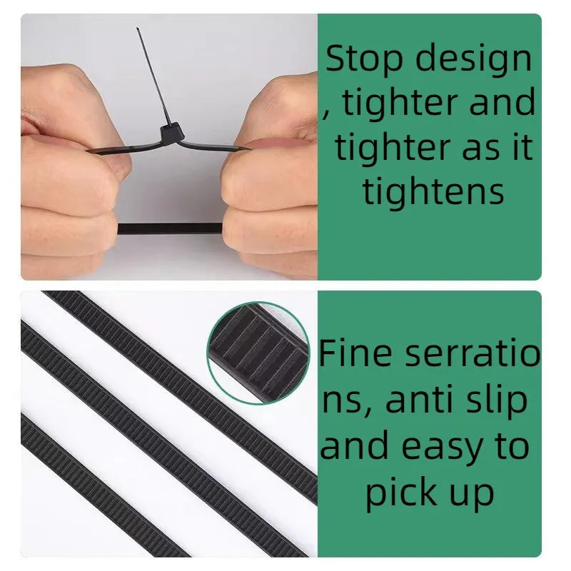 Durable black nylon ties, anti-corrosion, high toughness, 100 pieces