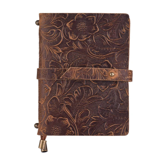 Classic leather travel journal with embossed design and refillable