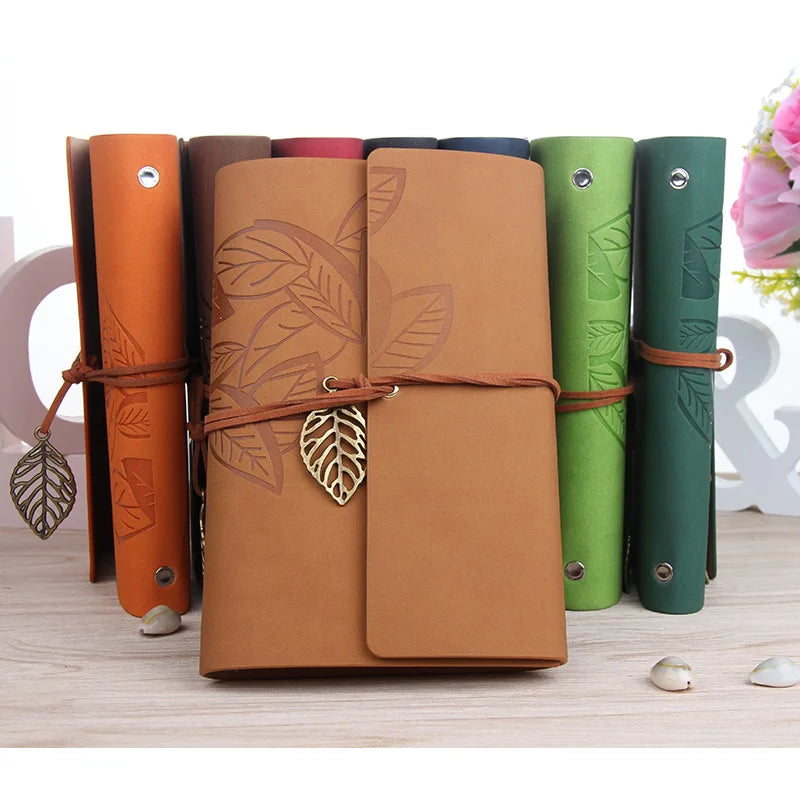 Vintage-style leaf-patterned notebook made of PU leather