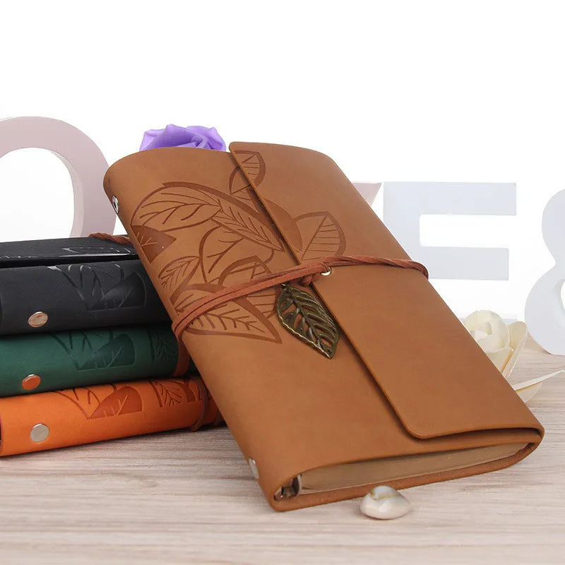Vintage-style leaf-patterned notebook made of PU leather